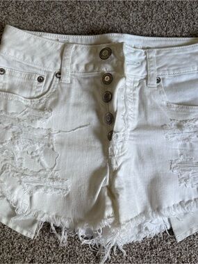 American Eagle Outfitters White Distressed High-Rise Button-Fly Denim Shorts